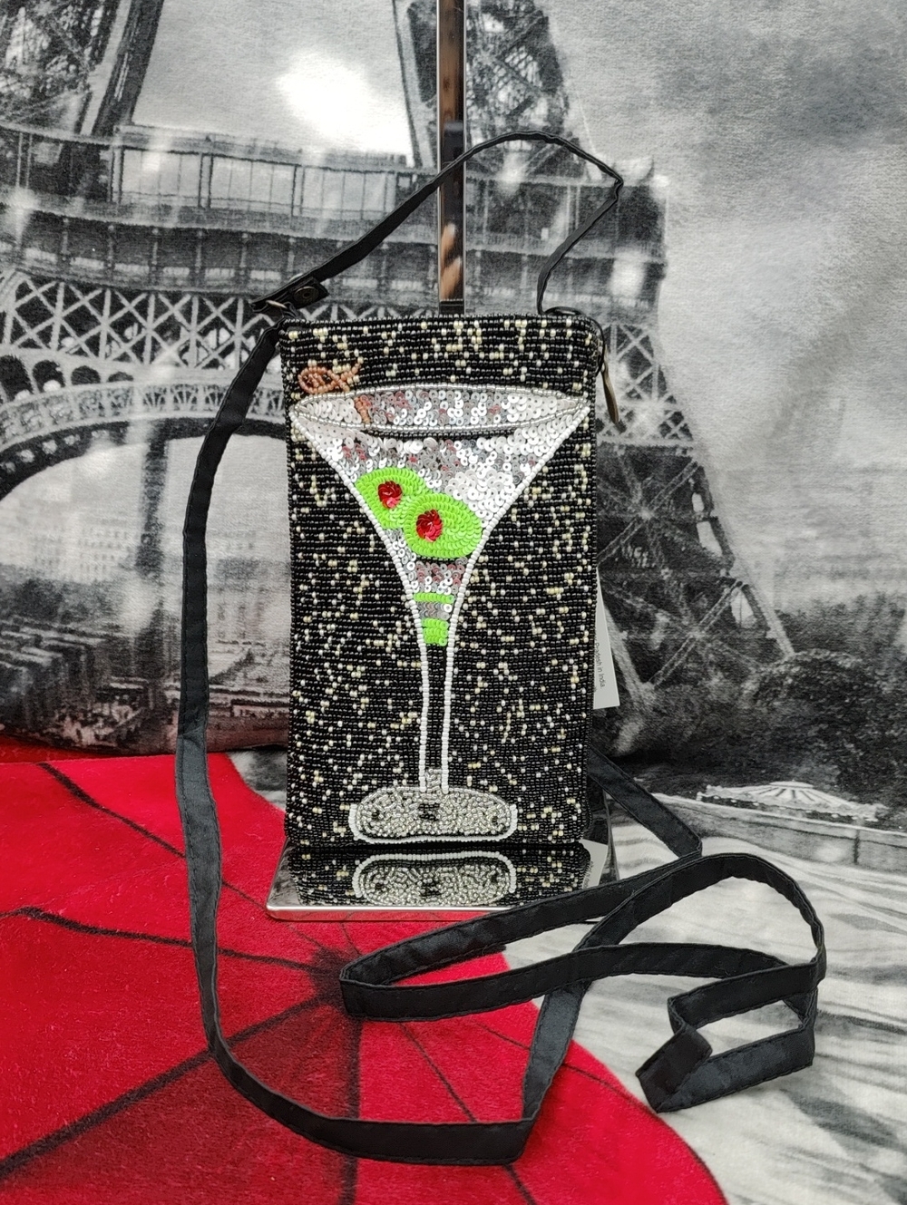 Sequin Martini Crossbody Bag - Black with Green Accent